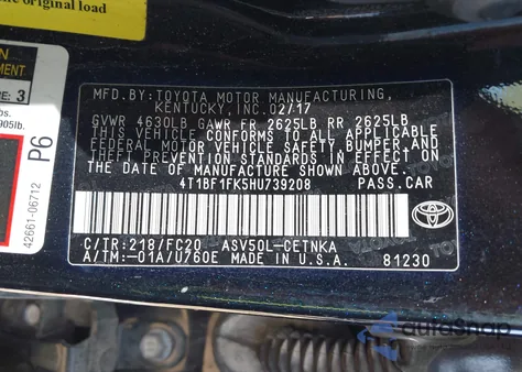 2017 Toyota Camry Le из США, поврежденный, VIN 4T1BF1FK5HU739208